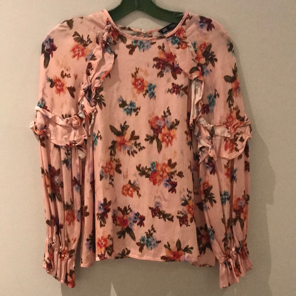 Zara Pink Ruffled Floral Blouse